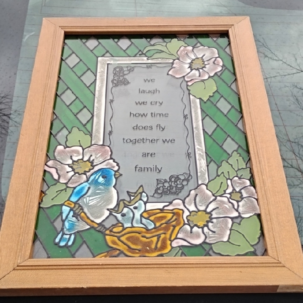 Vintage floral and bird design. Green and White Stained Glass Panel